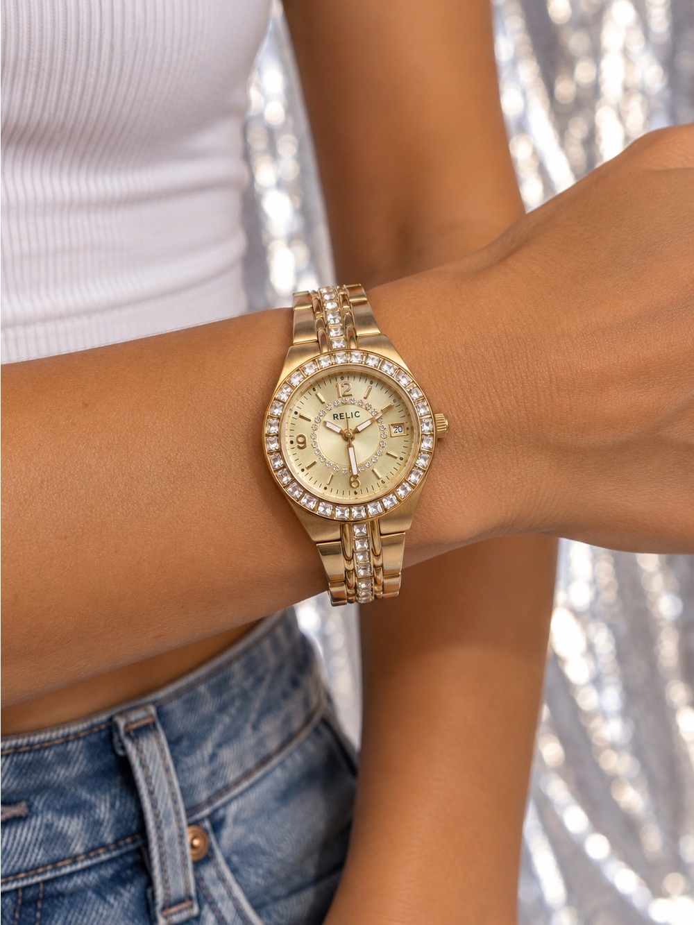 Relic Women's Gold Tone Crystal Bezel Quartz Date Bracelet Watch w/ Box Manual